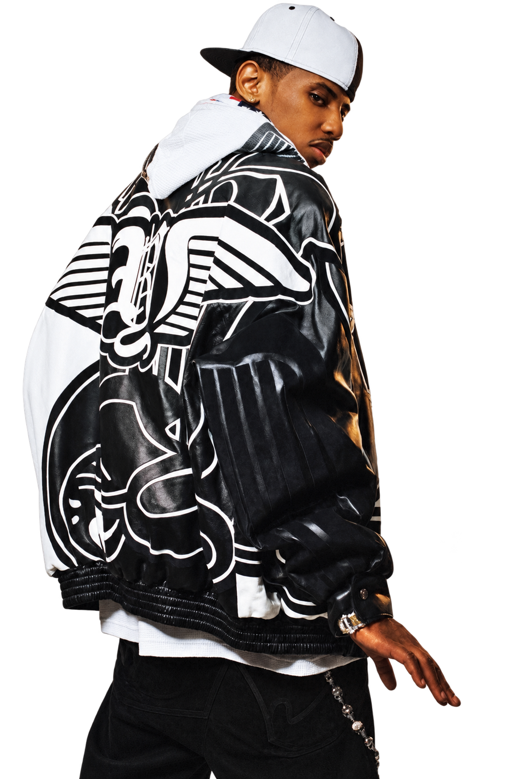 Fabolous wearing a Rich Yung wing jacket